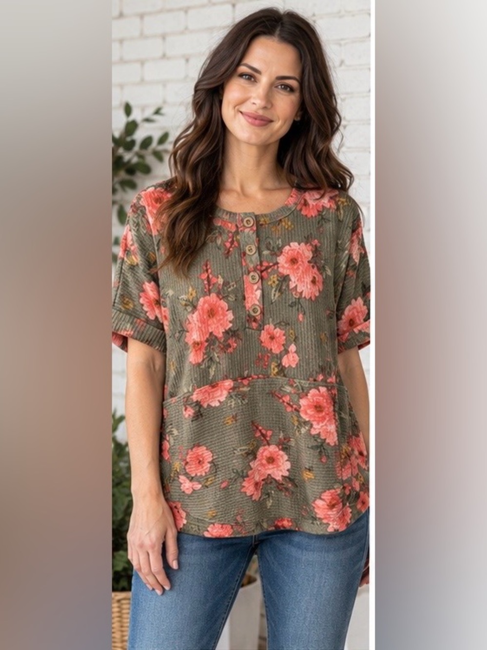 HEIMISH USA Olive Floral Henley Tunic with Pink Blooms NWOT